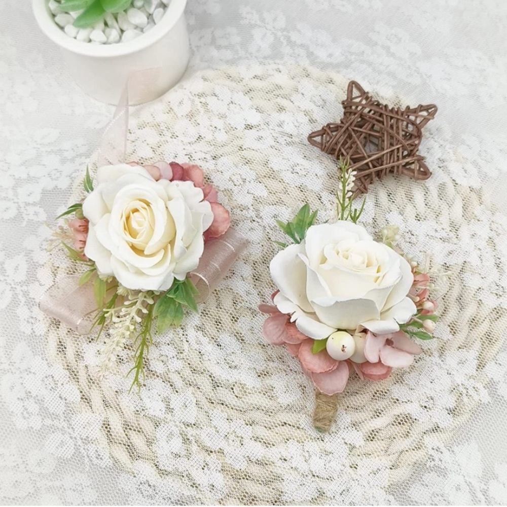 Artificial White Pink Wrist Corsage & Boutonierre Set